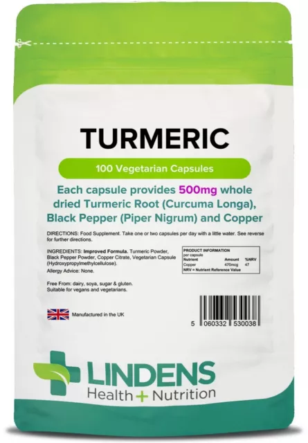 TURMERIC Capsules And Black Pepper, Curcumin HIGH STRENGTH 500mg Lindens UK MADE