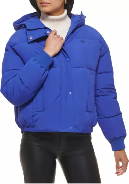 Levi's Women's Cinch Waist Puffer Jacket Blue with Hood Women Size M NWT