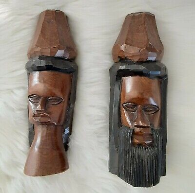 TWO Hand Carved Wooden African Tribal Art Vintage Sculptures Statues Man Woman 