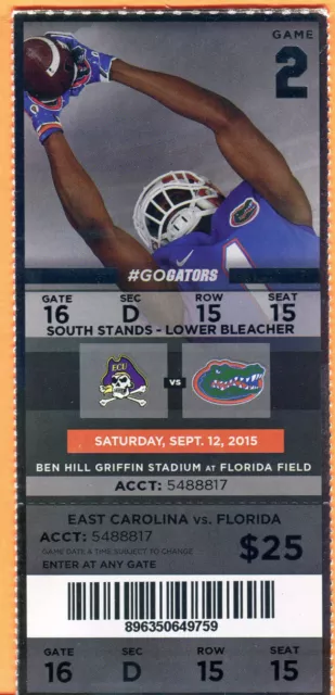 9/12/15 Florida Gators Vs. East Carolina Football Full Ticket