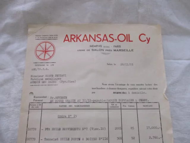 Vieux Papier Ancienne Facture Arkansas-Oil Cy Memphis Paris Marseille 13 2