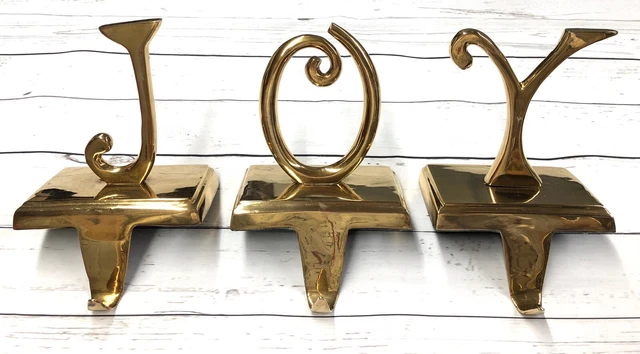 Set 3 Vtg Soild Brass Joy Farmhouse Stocking Holder Xmas Mantle J-O-Y Letters