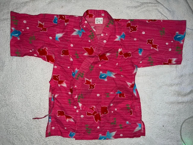 Kimono Girls Size 5T Pink Japanese Robe Cotton Size 120 Fish Print Pattern Cute 2