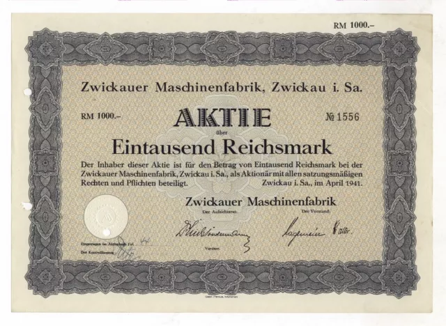 Sachsen – Maschinenfabrik ZWICKAU – Aktie über 1.000 RM – April 1941
