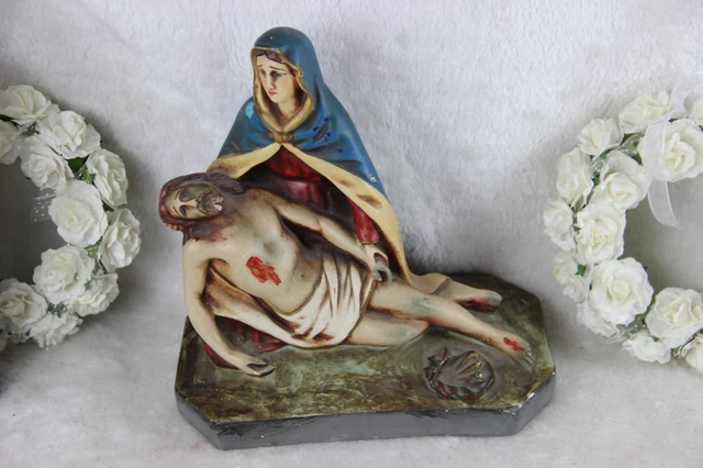 Antique Chalkware polychrome PIETA jesus christ statue religious group