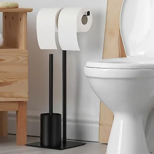 Toilet Brush Free Standing Toilet Paper Holder Stand Black for Bathroom Metal
