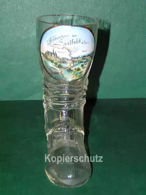 Andenkenglas in Stiefelform, Saalfeld a. S., emaillierte Auflage, um 1900 !!!