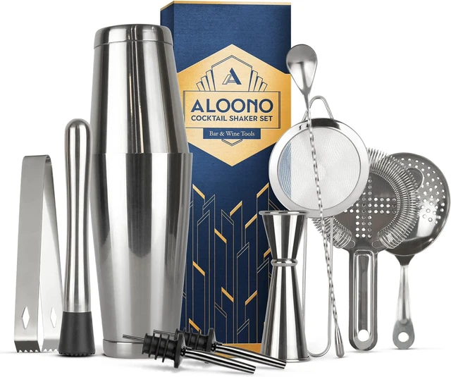 11-Piece Silver Boston Cocktail Shaker Set Bartender Kit | Drink Mixer Bar Set |