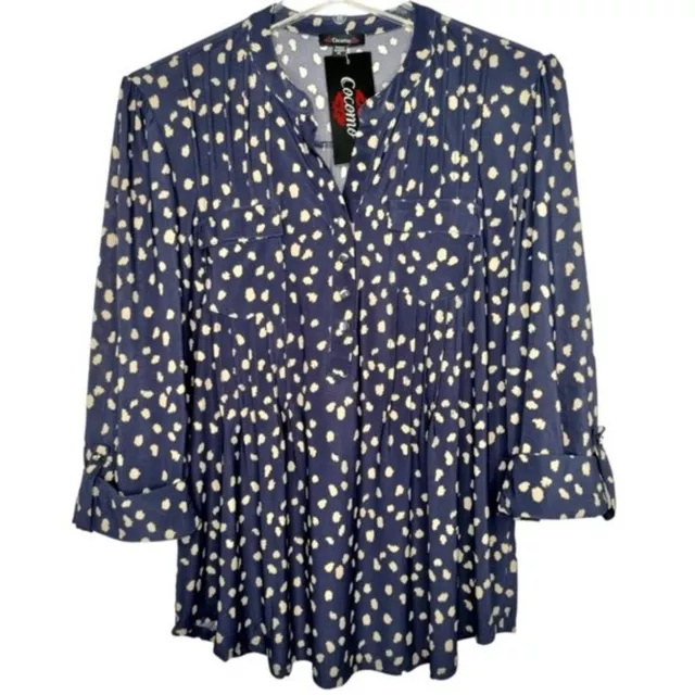 NWT Cocomo Size XL Navy Blue & Beige Pintuck 3/4 Sleeve Blouse Top