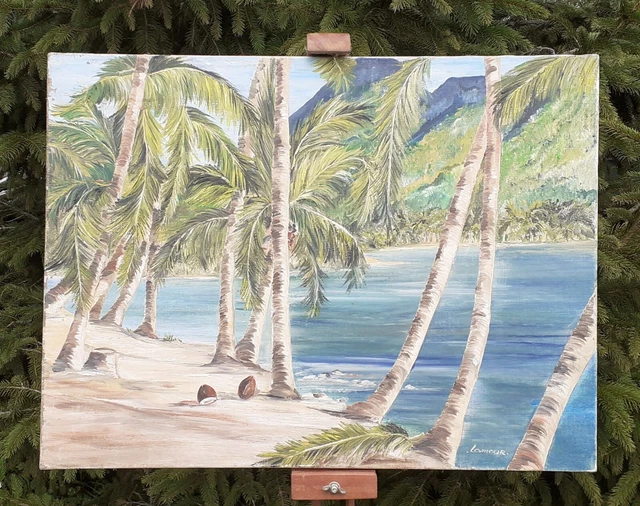 huile sur toile paysage des île mer plage cocotier tableau peinture signé LAMOUR