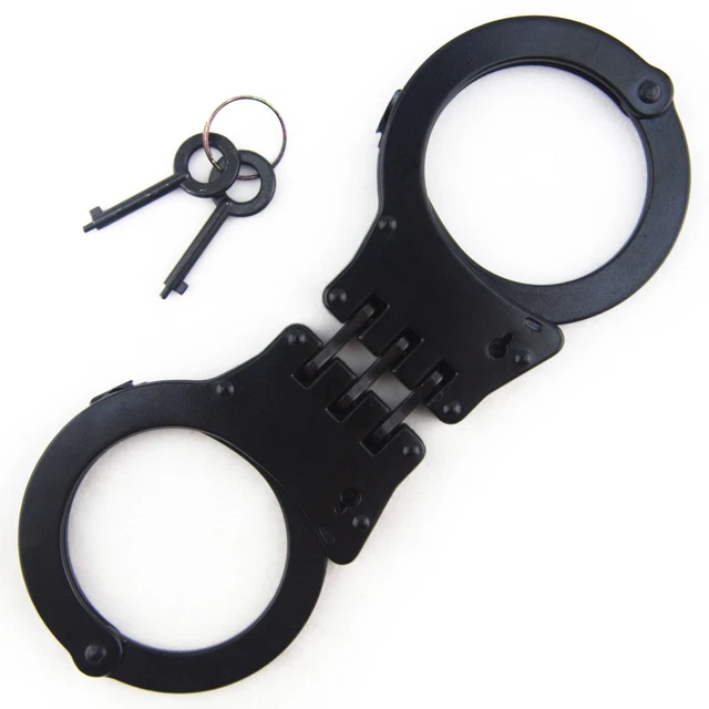 NEW BLACK DOUBLE LOCK STEEL HINGED SECURITY HAND CUFFS W/ KEYS Heavy Duty