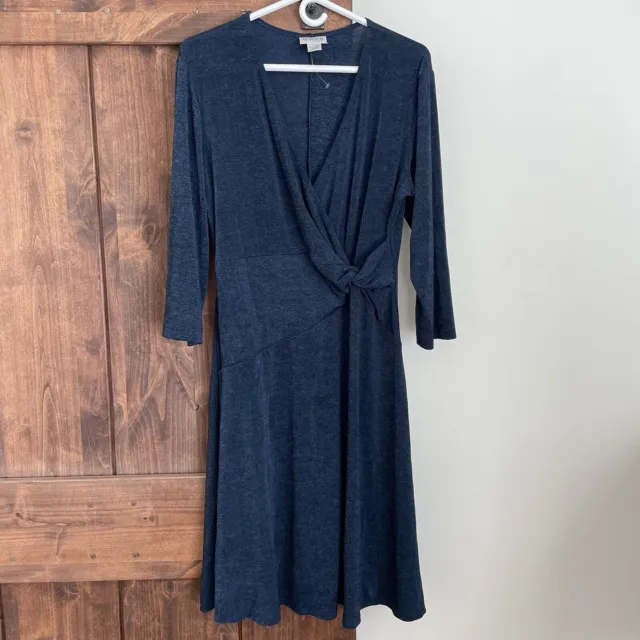 Chicos Travelers Womens Dress Size Large (2) Wrap Twist Front Navy Blue Stretch