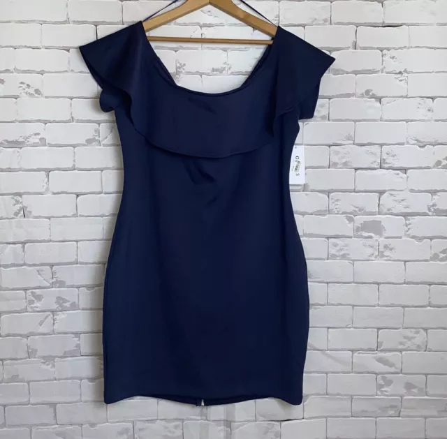 Guess Tori Cocktail Navy Blue Off Shoulder Ruffle Fitted Dress size XL- NWT