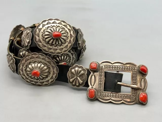 Coral and Sterling Silver Concho Belt by Red Dakota "Waddie" CrazyHorse Coral and Sterling Silver Concho Belt by Red Dakota "Waddie" CrazyHorse