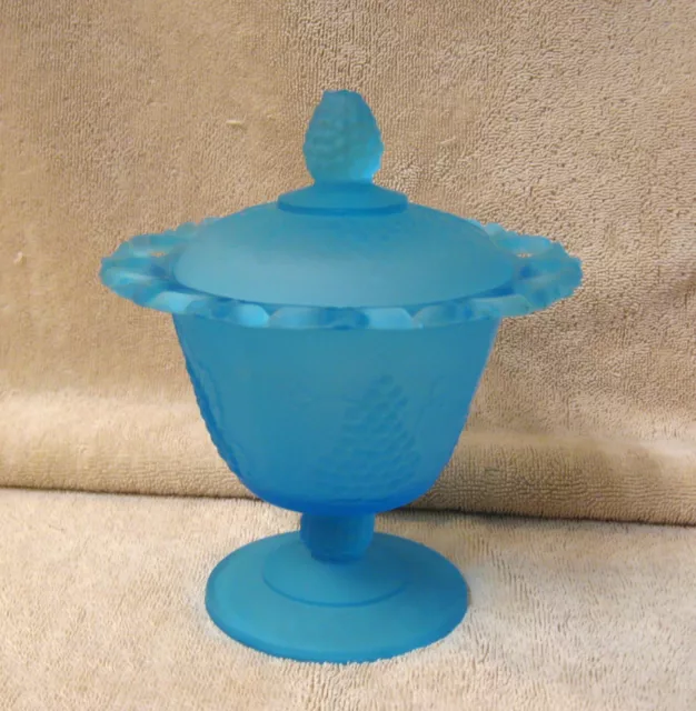 Vtg Indiana Satin Frosted Blue Grape Covered Pedestal Footed Candy Dish