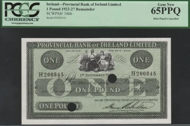Ireland 1 pounds 1922 - 1927 issued, cancelled, PCGS 65PPQ, Pick 346b