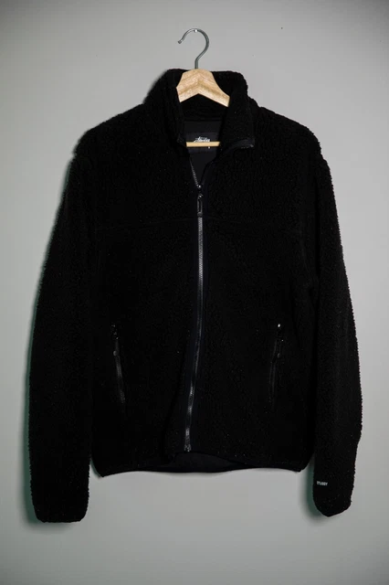 Stussy Mens Black Long Sleeve Collared Full Zip Sherpa Mock Jacket - Size Small