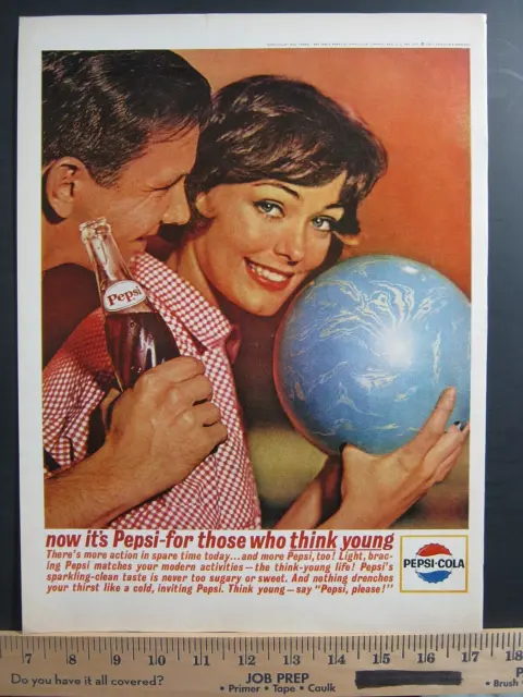 1963 Vintage Print Ad Pepsi Cola Soda Drink Pretty Girl Bowling Wall Art Poster