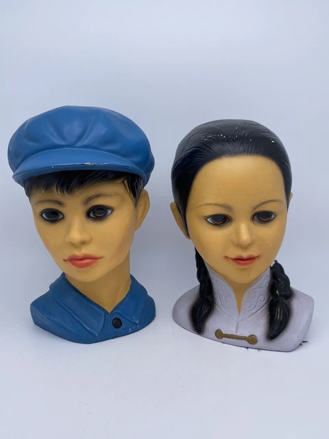 Lego Japan 7" Chalkware Busts Asian Head Boy w/Blue Hat & Girl w/pigtails