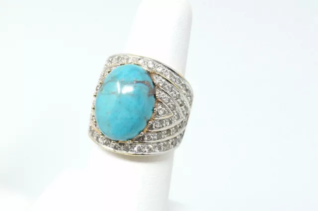 Belle Grande Bague Vintage Turquoise Cz Or Vermeil Argent Sterling - Taille 6 2