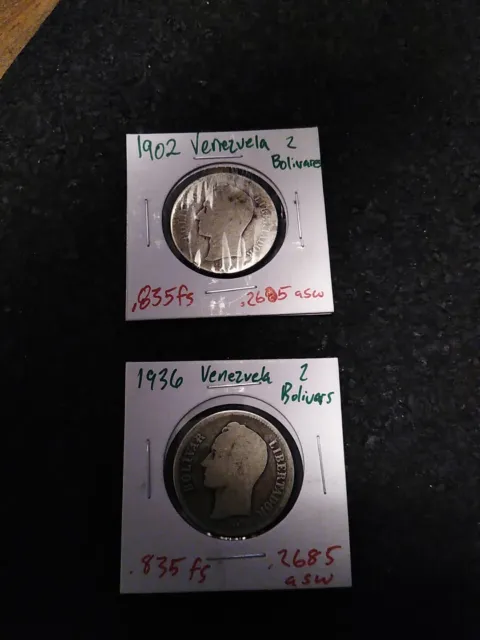 1902 1936 Venezuela 2 Bolivares .835 Fine Silver Coins (2 Coins Total) Over ½ Oz