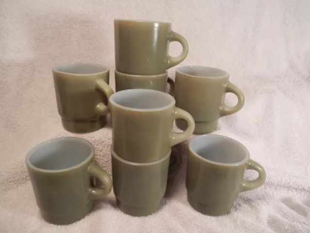 8 Vtg. Fire-King Olive Green C-Handle Stacking Mugs