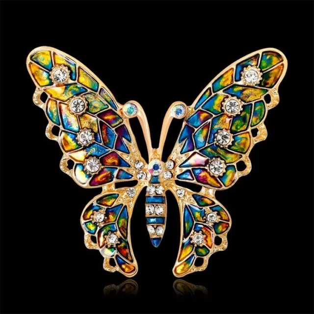 14K Gold Butterfly Brooch Blue Vintage Pin Enamel Rhinestone Blue Gold Tone Gift