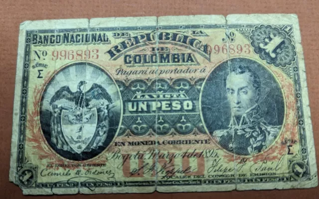 Colombia 1 peso 1895  Rare banknote.