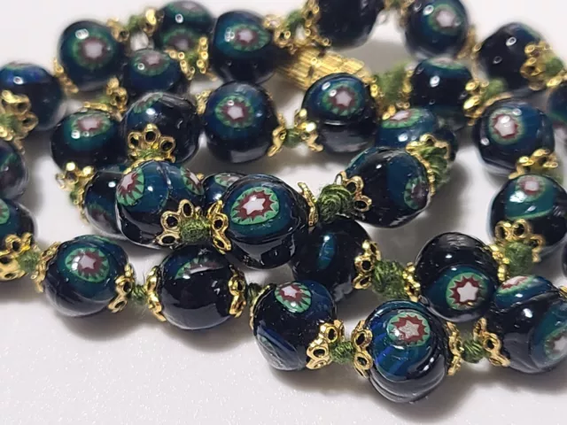 STUNNING Vintage ESTATE Venetian Murano Art Glass Millefiori Necklace BLUE GREEN