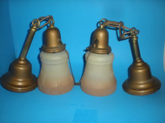 2 Antique Brass 12" Ceiling Pendant Fixtures & vtg Pair Art Deco Tassel Shades