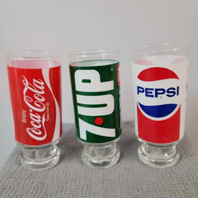 Vintage Pepsi  Coca Cola & 7UP 12 Oz.  Drinking Glasses very cool collatable