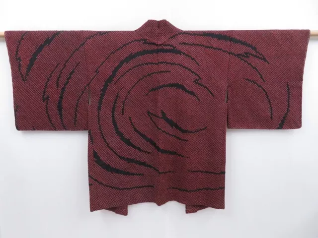 2723T10z520  Japanese Kimono Silk SHIBORI HAORI Ripple Red-Brown