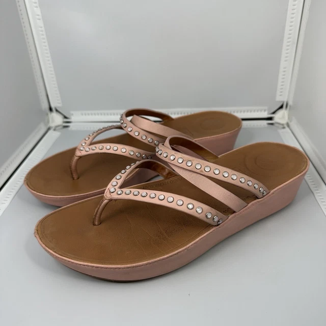FitFlop Linny Pink Strappy Rhinestone Studded Slip On Wedge Sandals Size 8
