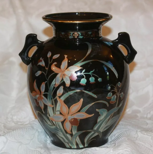 Vintage Vase BLACK Ceramic Flower Design Fine China Japan