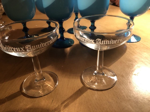 Vintage Pair (2) Two Anniversaire  Champagne Glasses French Etched