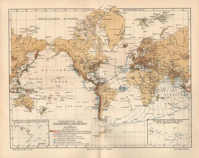 Erdbeben Seebeben Seismologie Vulkane  Natur Katastrophe  Landkarte um 1900