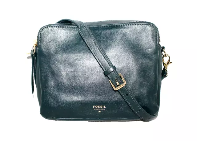 FOSSIL Double Zip Compartment Crossbody Camera Bag Navy Blue Leather