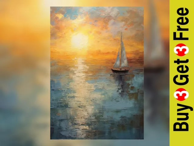 Golden Sunset Sailboat Oil Painting Print - Nautical Wall Art 5" x 7"