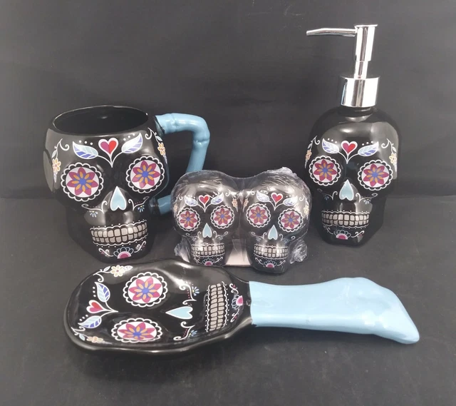 Dia De Los Muertos Day Of The Dead Kitchen SET: Mug, Soap Disp, Spoon Rest + S&P
