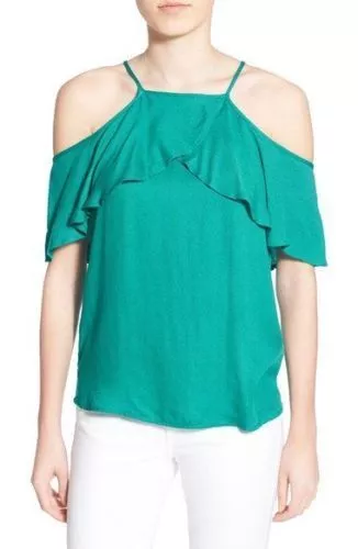 Ella Moss Stella Cold Shoulder Top Size S Ruffle Tiered Blue Green NEW B2