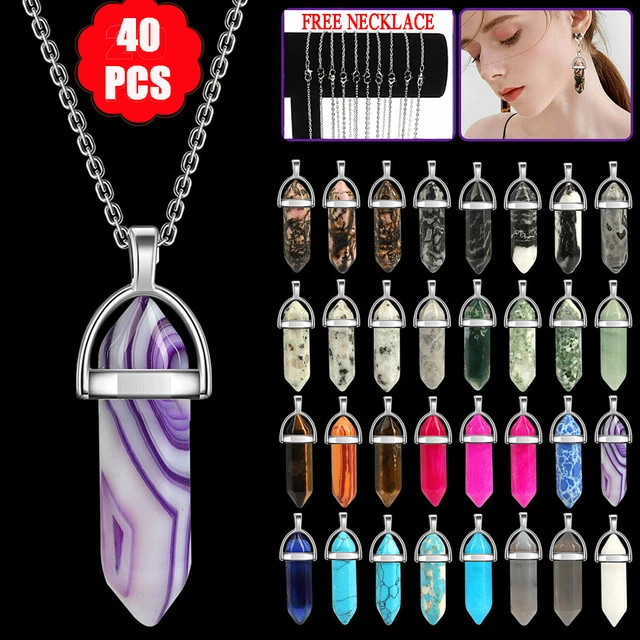 40PC Hexagonal Pendant+Free Chain Necklace Healing Pointed Crystal Stone Jewelry