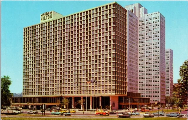 Postcard Pennsylvania Pittsburgh Hilton Hotel Old Cars 1960s Gateway Center PA