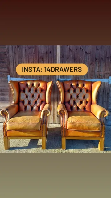 Pair of Vintage Chesterfield Tan Leather Armchairs Library Fireside Club Chairs