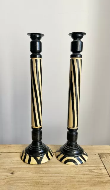 Vintage Wooden Carved Candle Stick Holders Zebra Print - Pair
