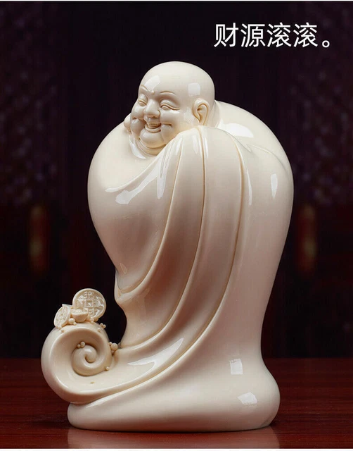10" Dehua Porcelain Pottery Happy Laugh Maitreya Buddha Wealth Money Coin Statue