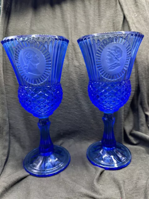 Set Of 2 Avon Fostoria - George and Martha Washington Cobalt Blue Glass goblets.