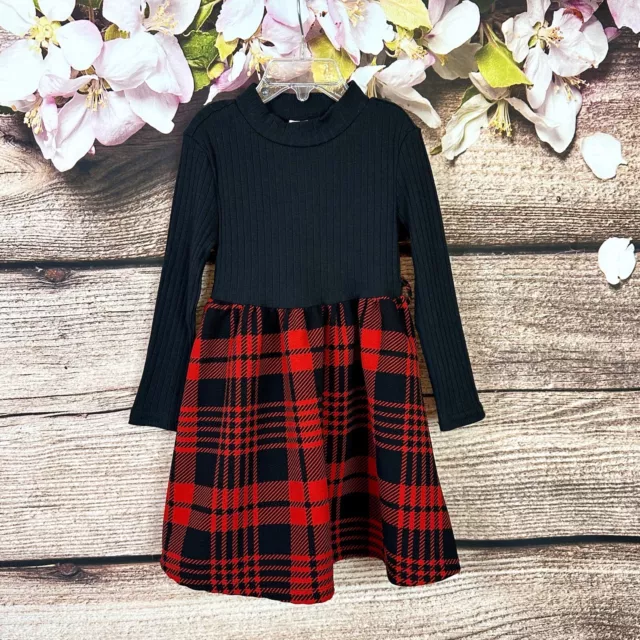 Shein Toddler Girls Black Red Plaid Turtleneck Long Sleeve Flared Dress 4Y