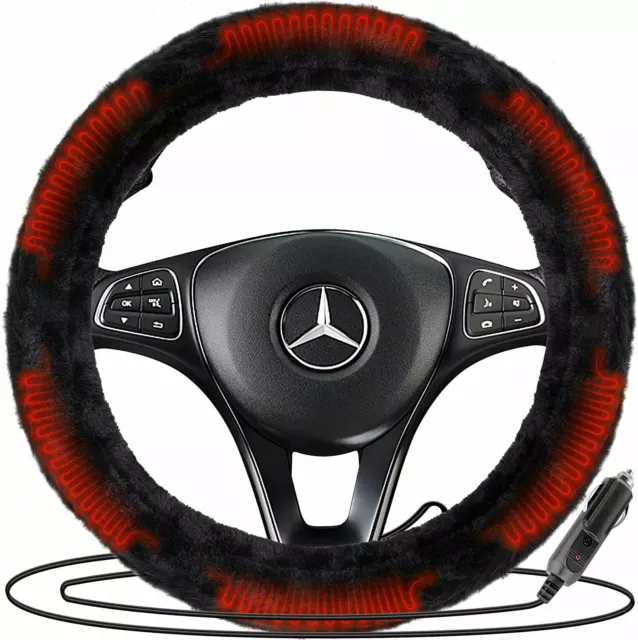 Zone Tech Car 12V Plush Faux Sheepskin Heated Warm Steering Wheel Cover Protects