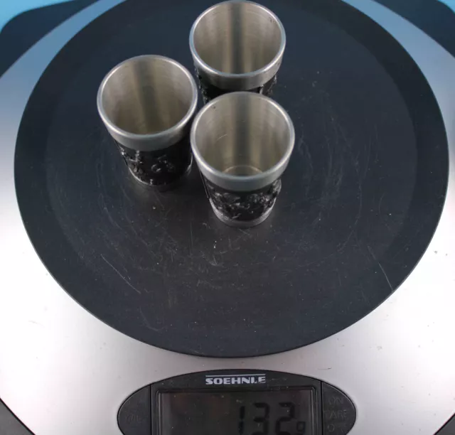 3 Zinn Schnapsbecher, Kartenrunde, Trinkgelage, Rein Zinn, G-Trompetenengel 70er