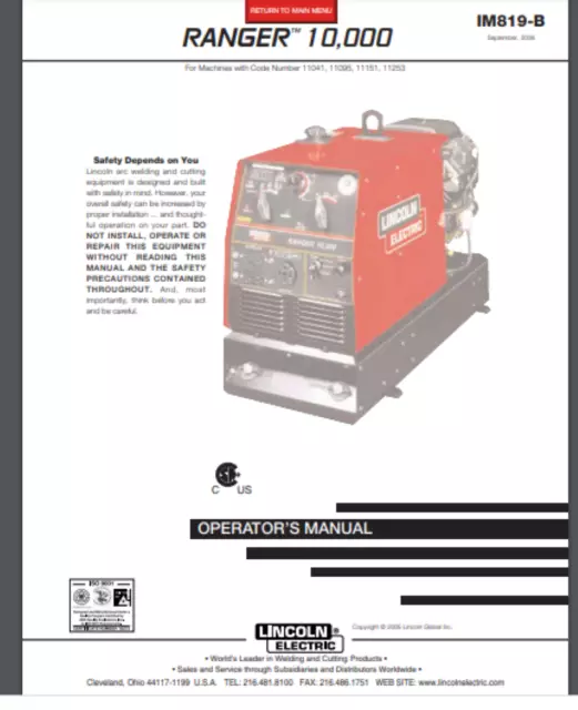 Lincoln Electric Ranger 10000 Welder Owner Manual 37 pages Comb Bound 2006